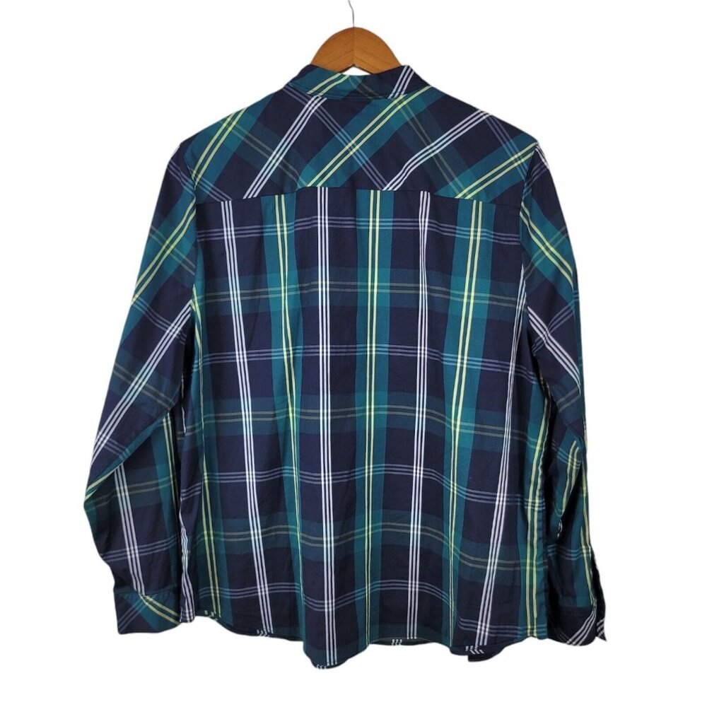 Chicos Plaid Pullover Top Size 3 XL Shirt Casual Gemstone Buttons Green Blue - Picture 7 of 8